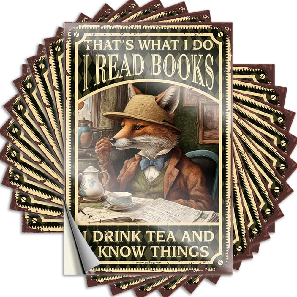 JNBT Stickers Funny Outdoor Self-adhesive & Home Library Decor Laminated - Fox Drink Tea I Read A Book And For Kitchen Wall | Man Cave Signs(12X18CM-6Pcs)