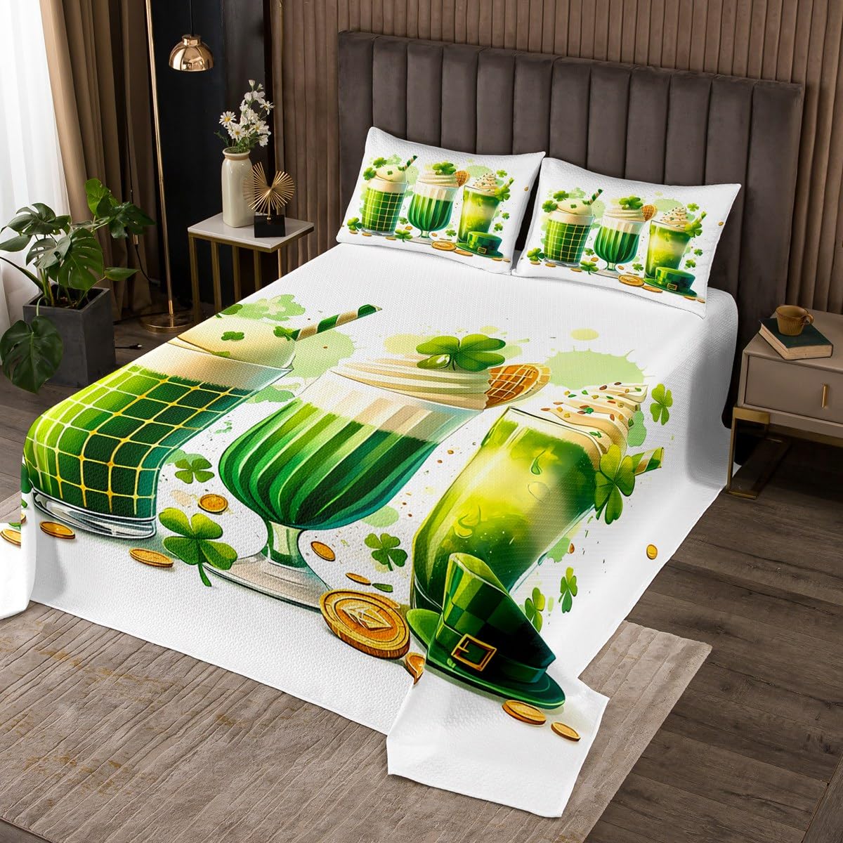 jejeloiu Kids St. Patrick's Day Quilted Coverlet Queen Size Flavored Drinks Bedspread for Boys Girls Irish Hats Coverlet Set Quilted,1 Bedspread+ 2 Pillow Shams