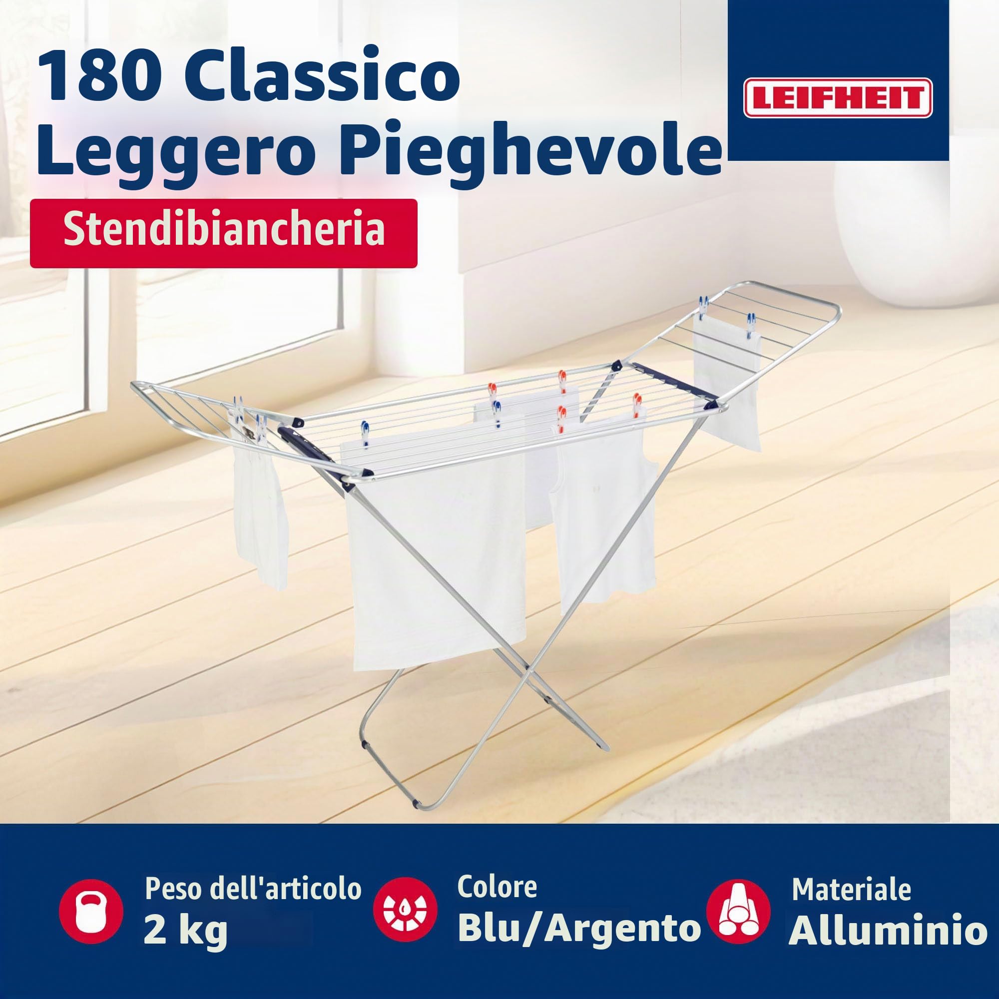 Leifheit Stendibiancheria Classic Siena 180 Easy, Alluminio 18 m | Per interni ed esterni, 2 kg ultraleggero, ali alte 112 cm per capi lunghi, spazio per 2 carichi di bucato