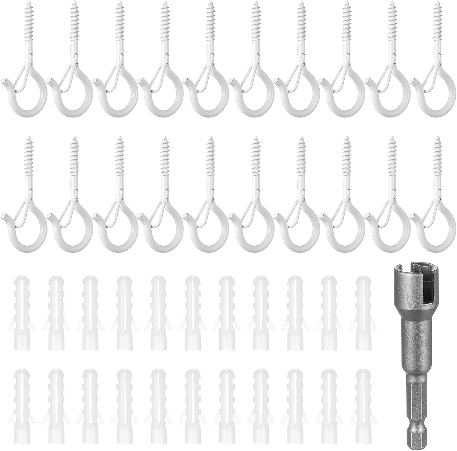 20 Pcs Screw in Hooks for Wood, White Screw Hooks Outdoor, Fence Ceiling Hookss, Q Hanger Hook with Safety Buckle, for Hanging Fairy Lights Garden Lights Cups Mugs Plants Feeders, etc