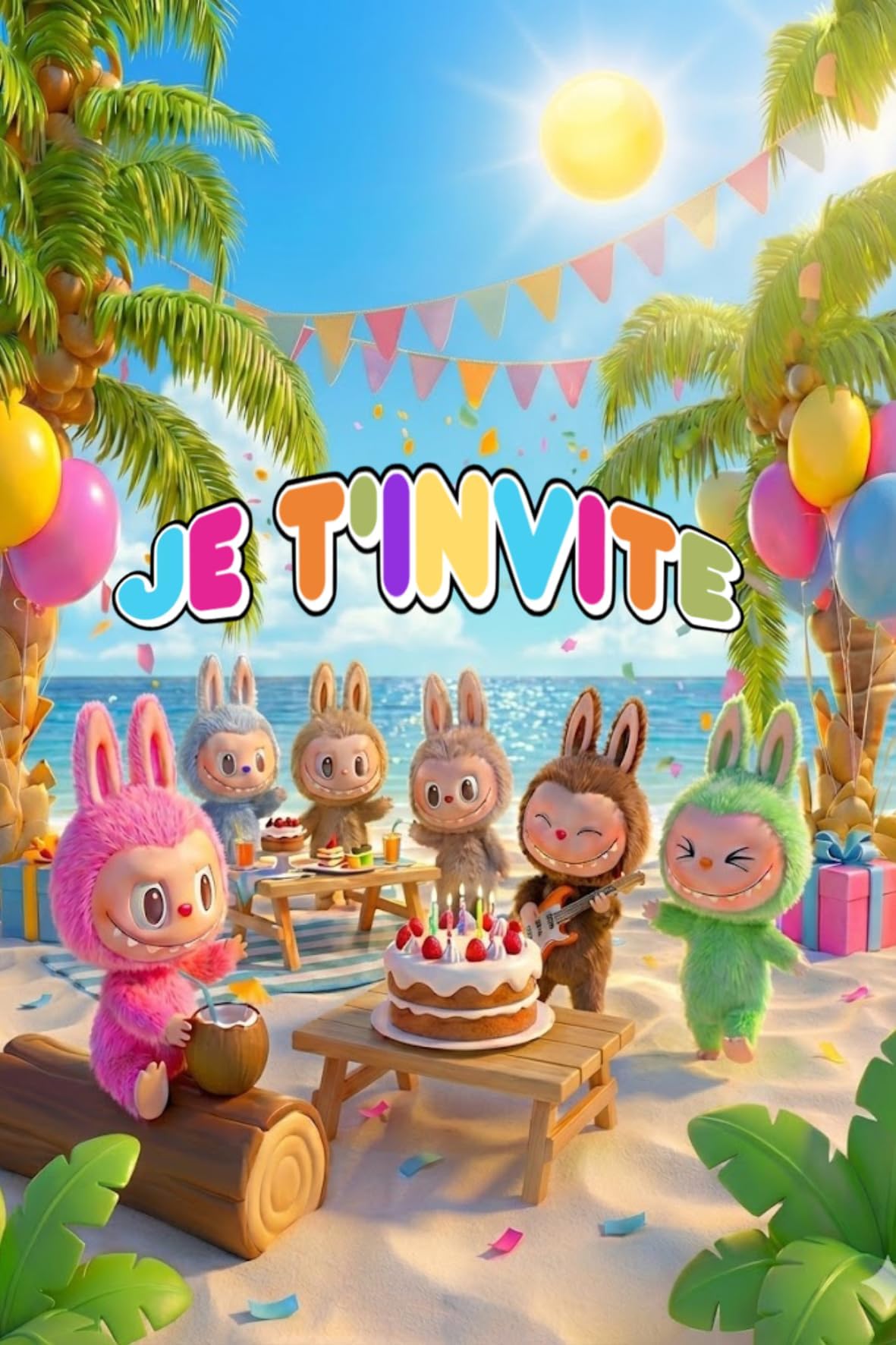 Little Monsters Party Invitations, Multi-Colour, Pack of 10 with Gold Envelopes and Stickers, Tropical Beach Theme, for Children's Birthday (Birthday)