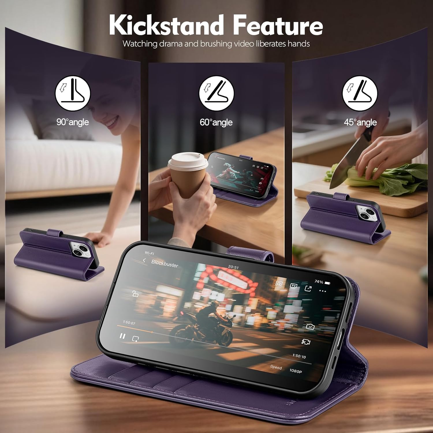 Compatible with iPhone 13 Genuine Leather Case Wallet with Card Holder,Women Men Real Leather Flip Folio RFID Blocking Credit Card Slots Kickstand Phone Cover,for Apple 13 6.1,Purple - Image 3