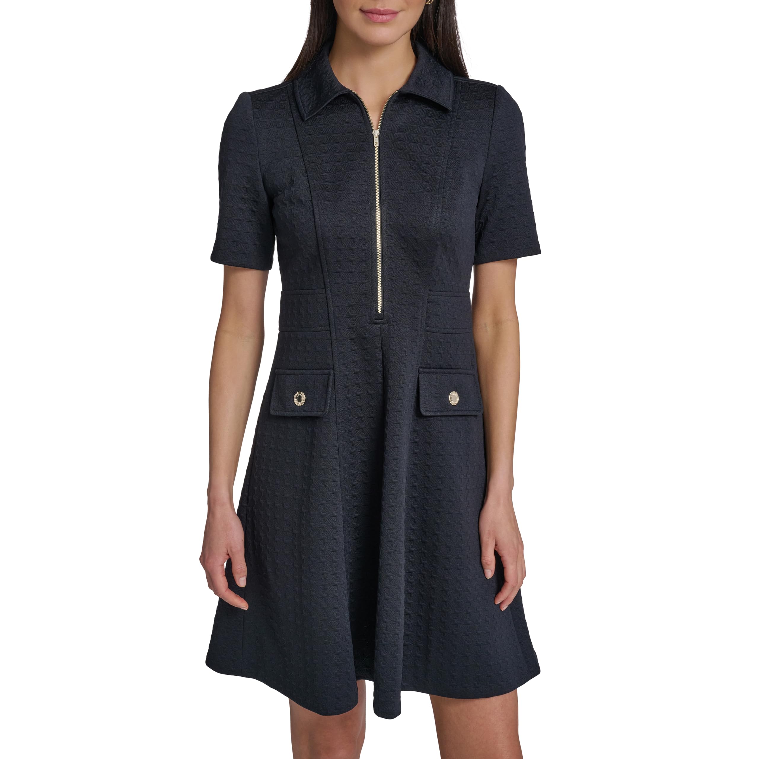 Women's Short Sleeve Collared Neck Boucle Knit Tweed Zipper Front Mini Dress