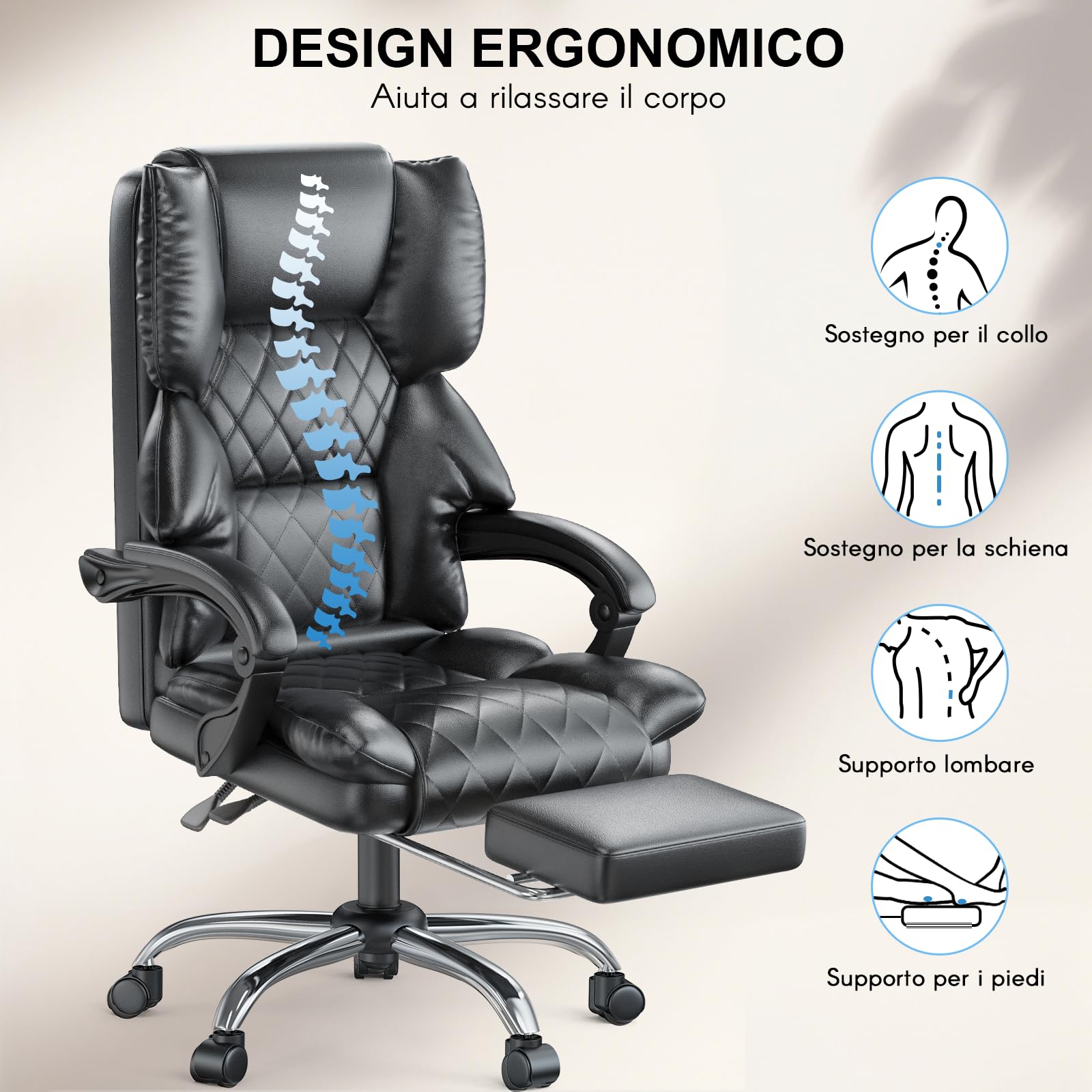naspaluro Sedia da Ufficio Ergonomica con Poggiapiedi, Sedia Ufficio con Schienale Alto in Pelle PU di Alta Qualità, Schienale Inclinabile, Sedile Imbottito, Altezza Regolabile, Nero