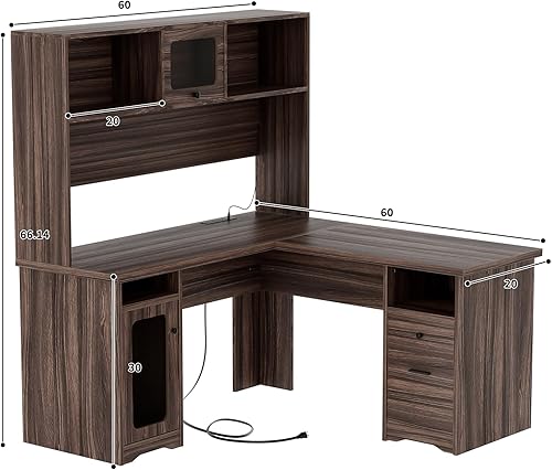 Miniatura 3 de Unikito Escritorio en forma de L con cajones, escritorio de oficina de 60 pulgadas con toma de corriente y luces LED, escritorio de esquina