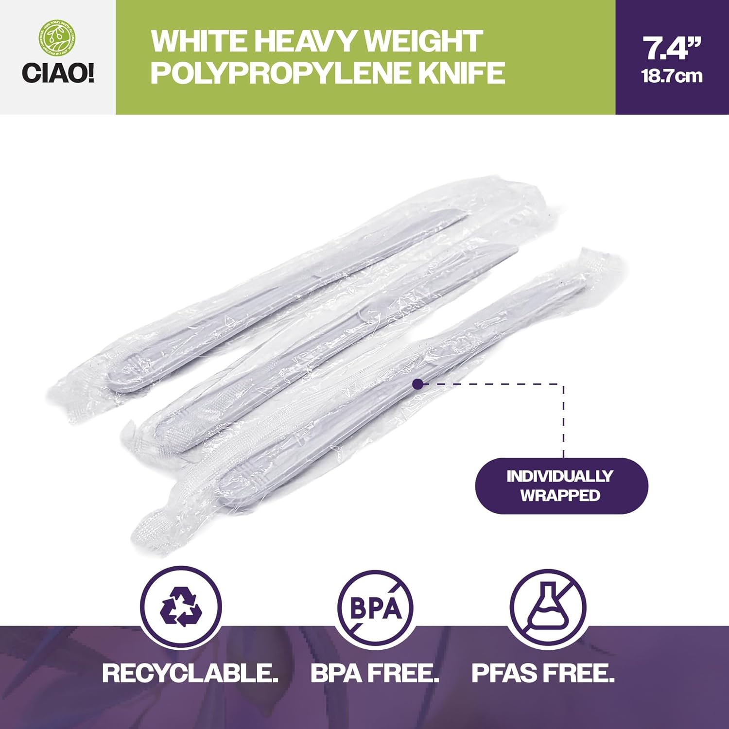 CIAO! 7.3" White Knife Heavy Weight Polypropylene Individually Wrapped (Case of 1,000)