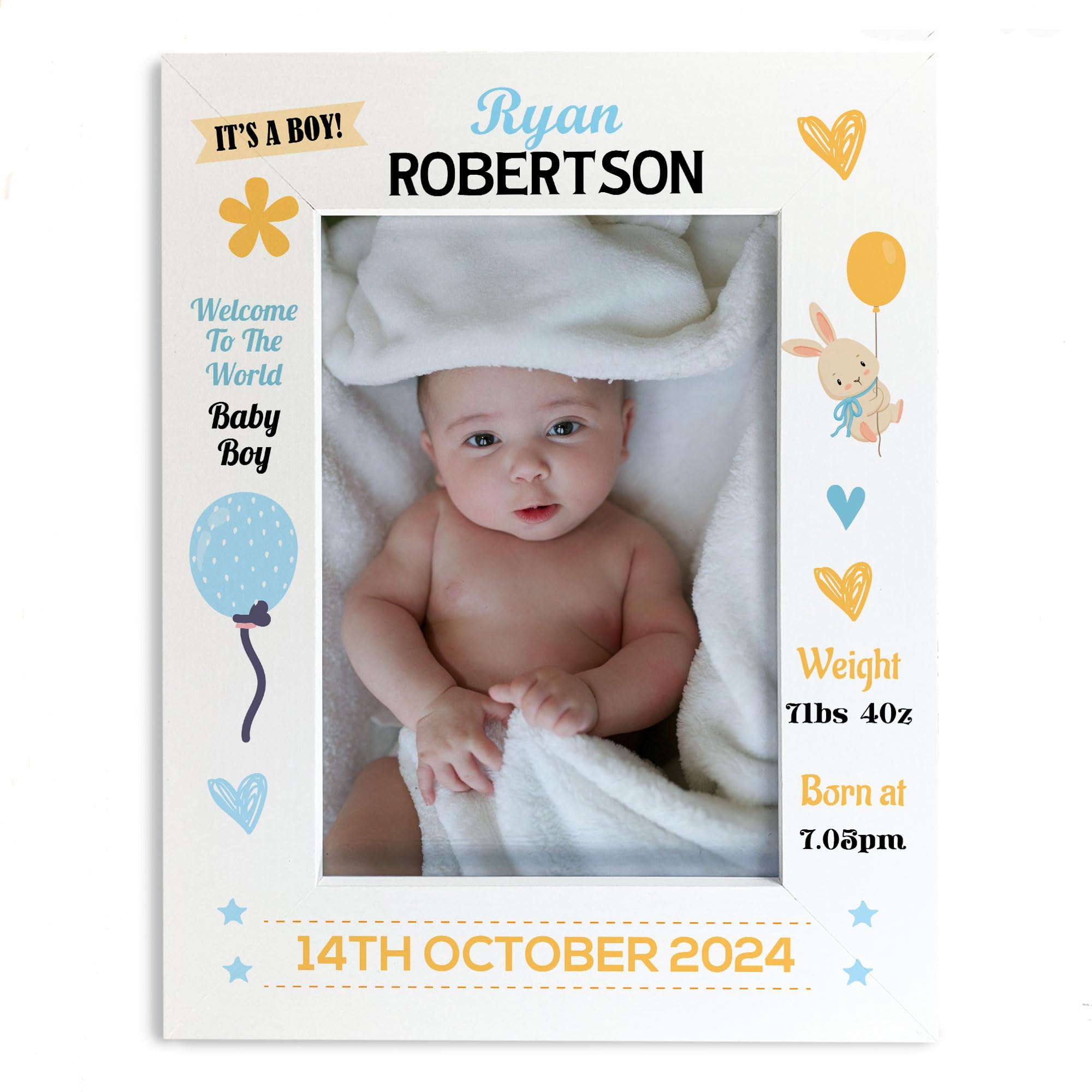 Personalised Baby Boy Photo Frame With Birth Details and Cute Design New Baby Gift Nursery Photo Frame Baby Photo Frame Gift For New Mummy Daddy Keepsake (Design 1)