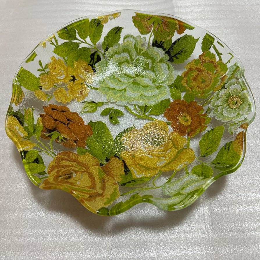 【新品未使用】昭和レトロ　ガラス食器 花柄 大鉢皿 ファンシークラフトグラス 新品未使用2組】昭和レトロ ガラス食器 花柄 大鉢皿 ファンシー