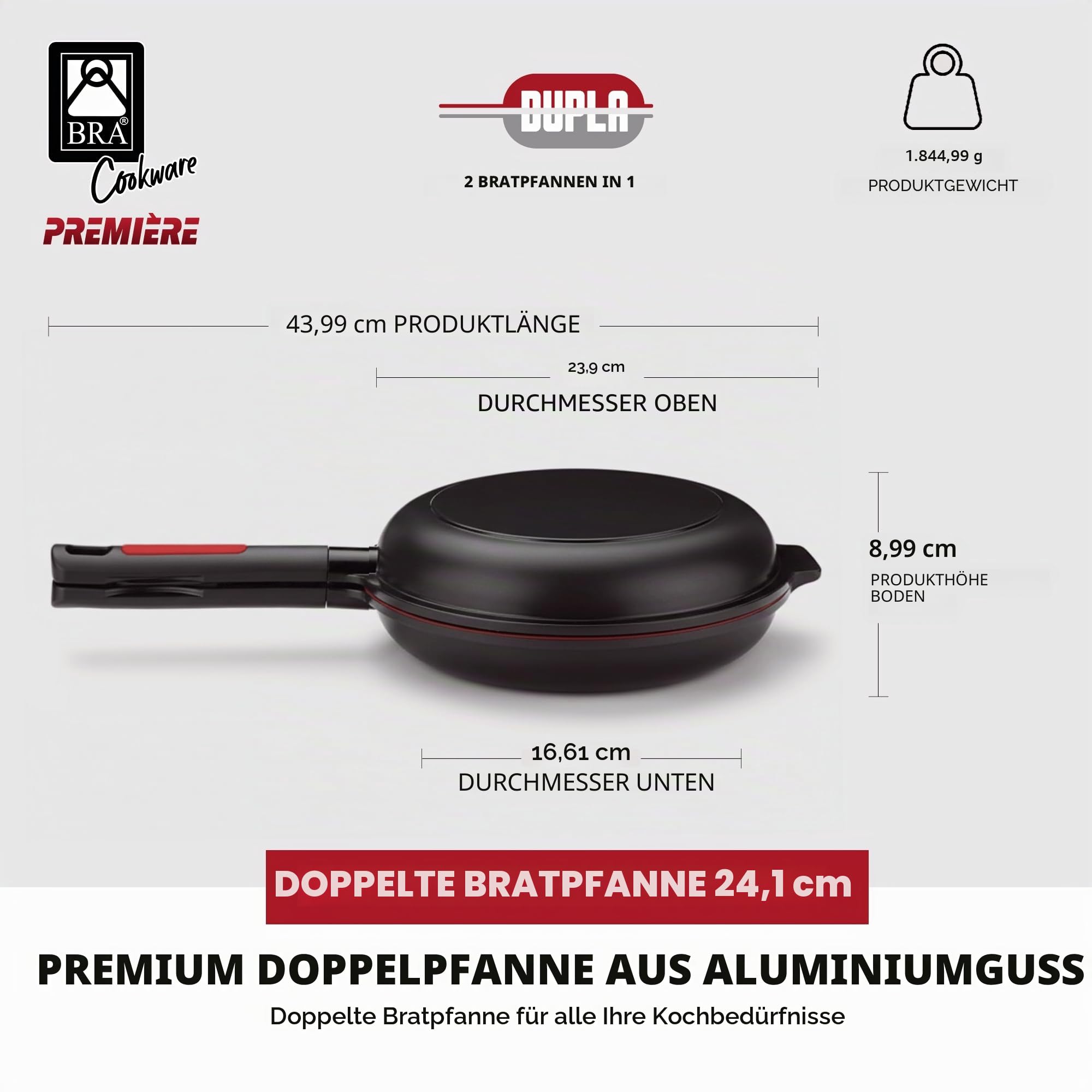BRA Dupla Premiere | Doppelte Kartoffel-Omelette-Bratpfanne, 24 cm Durchmesser, Aluminiumguss, dreifache Antihaftschicht, 100% PFOA-frei, für alle Herdarten