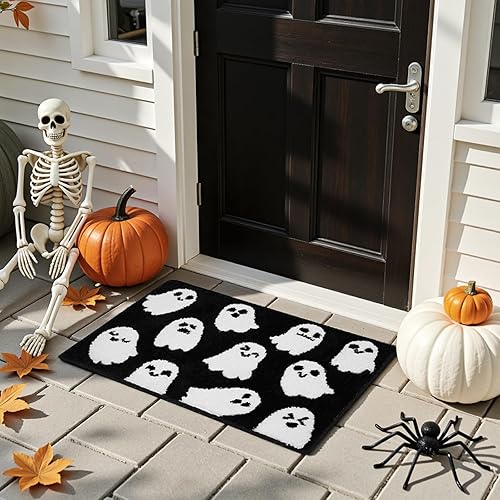 Miniatura 3 de Alfombra de baño de Halloween, espeluznante alfombra de baño de fantasma blanco y negro para decoración de baño de Halloween, antideslizante,