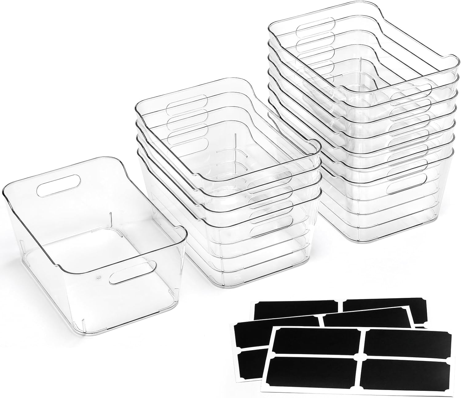 12 PACK Multi-Use Clear Plastic Storage Bins for Organizing w/Labels - Home, Kitchen, Pantry, Bathroom, Office, Cabinet Shelf Organizer Bins - SOHO Collection, RV, Fridge Organization Containers - L