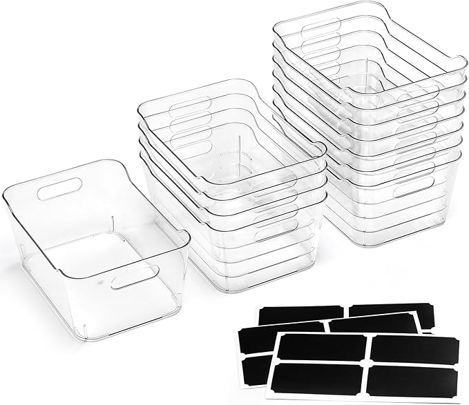 12 PACK Multi-Use Clear Plastic Storage Bins for Organizing w/Labels - Home, Kitchen, Pantry, Bathroom, Office, Cabinet Shelf Organizer Bins - SOHO Collection, RV, Fridge Organization Containers - L