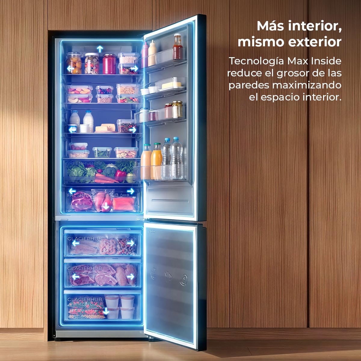 Cecotec Frigorífico Combi No Frost de 405L Bolero CoolMarket Combi 405 MC Elite Black Glass D. 200 cm de Alto, 59,5 cm de Ancho, Clase D, MetalFlex Cooling, Fresh Flex, Interior en Elite Grey, Negro