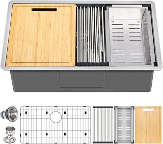 Hykolity 33-inch Undermount Workstation Kitchen Sink, 16 Gauge Single Bowl Stainless Steel Kitchen Sink with Integrated Ledge and Accessories