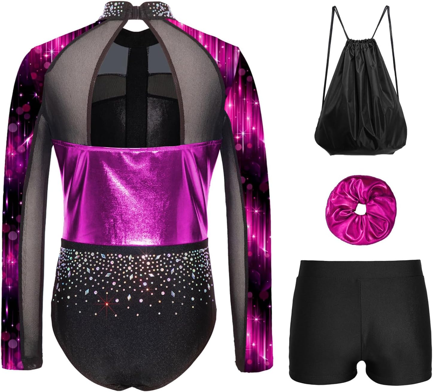Gymnastics Leotard for Girls Shiny Metallic Long Sleeve Tumbling Outfits And Shorts with Hairtie Gym Bag Outfit