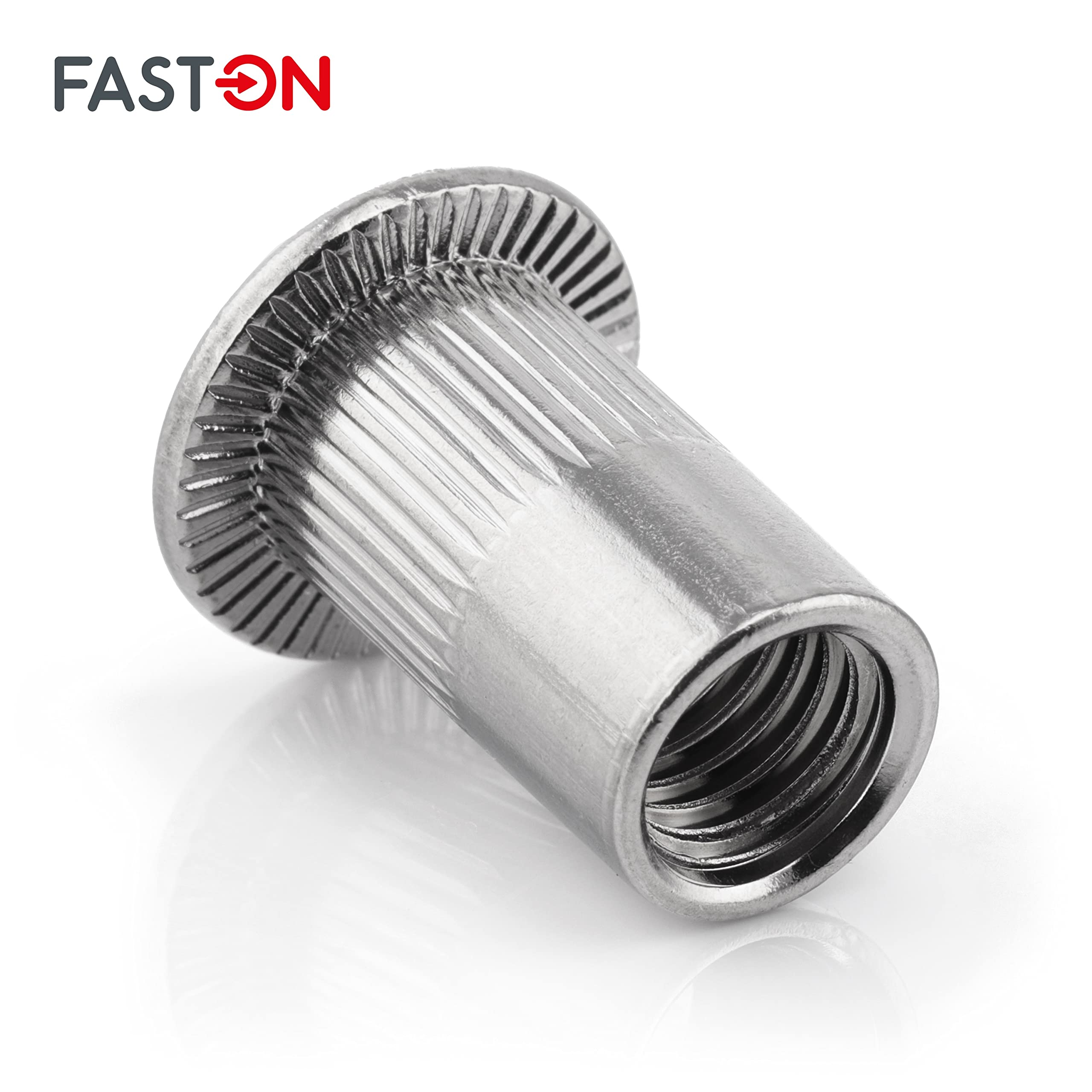 FASTON® Flachkopf Einnietmuttern Rundschaft M10x22 mm Edelstahl A2 V2A (50 Stück) Blindnietmutter Blindmuttern Rund Gewinde Offen Gerändelt Nietmuttern Gewindenieten