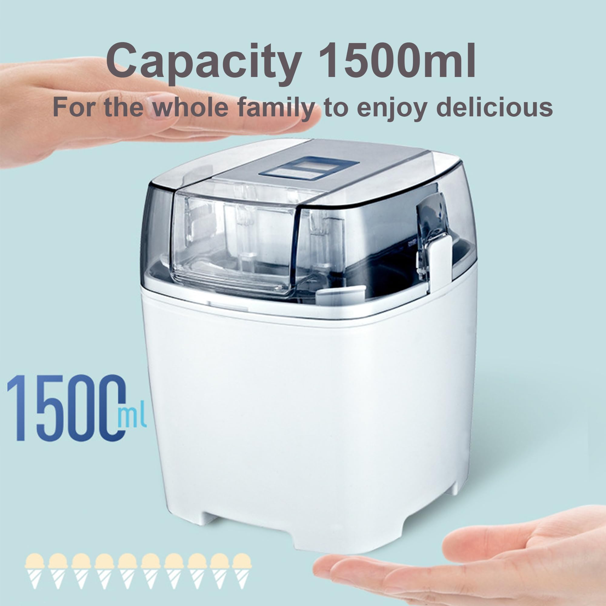 Eiscreme-Maschine, 1,5L Dessert-Maschine, Frozen Yoghurt Maker, 15 Minuten Quick Make, One Touch Adjustment, schnell EIS, Sorbet und Joghurt Machen