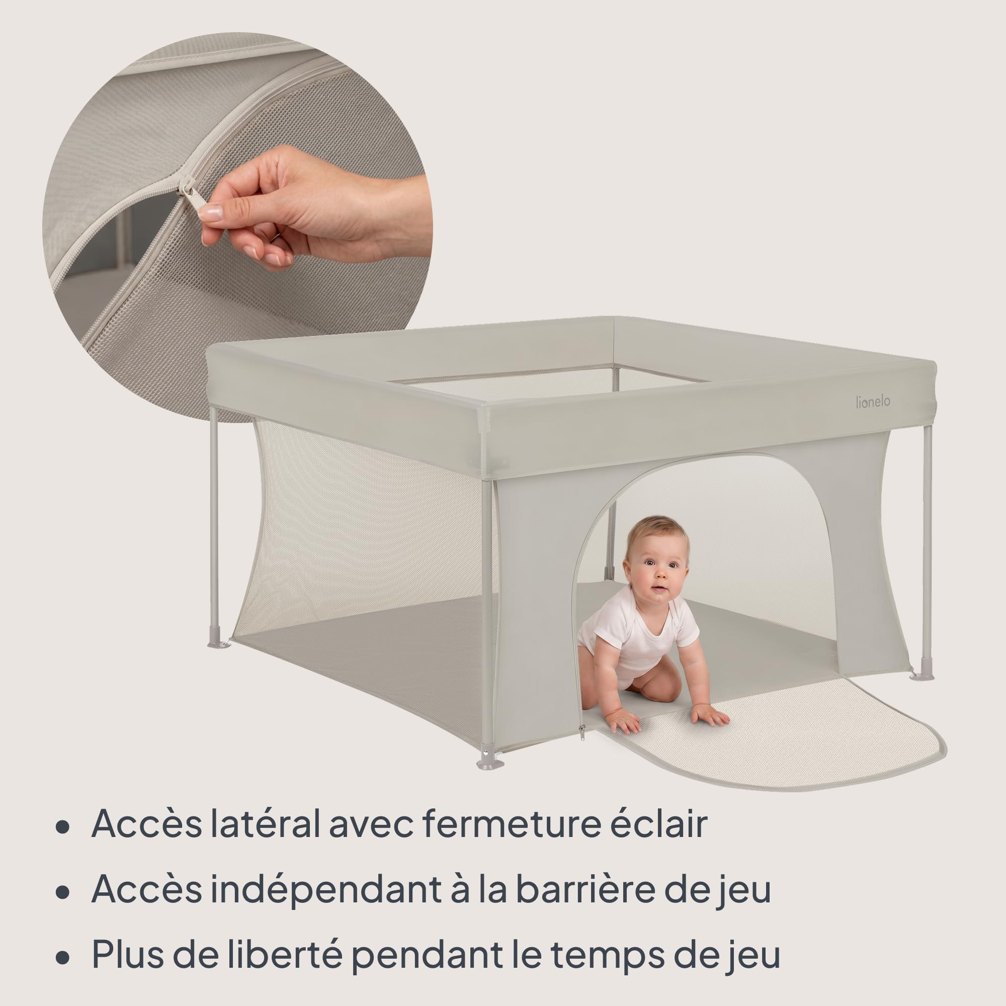 Lionelo Paco Parc Bébé Pliable 111 x 111 cm (0-48 Mois), Léger 4,1 kg | Pliage Rapide sans Outils, Entrée Latérale Zippée, Filets Respirants, Format Compact, Sac de Transport Inclus, jusqu'à 15 kg