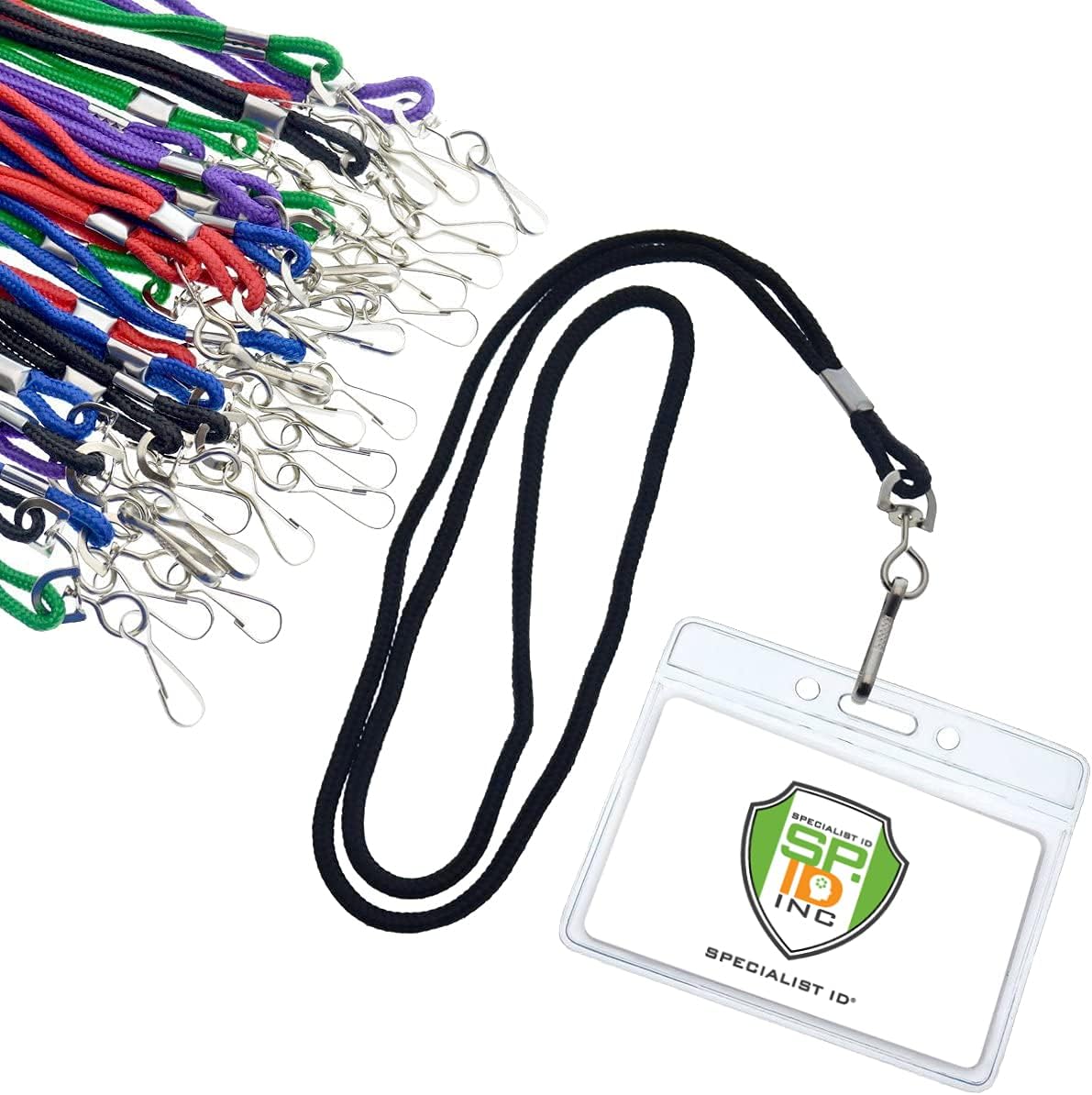 Bulk 25 Pack - Premium Name Tag Badge Holders with Lanyards - Horizontal Clear Plastic Card Pouch and Lanyard Holder for School and Events by Specialist ID(Assorted Colors)