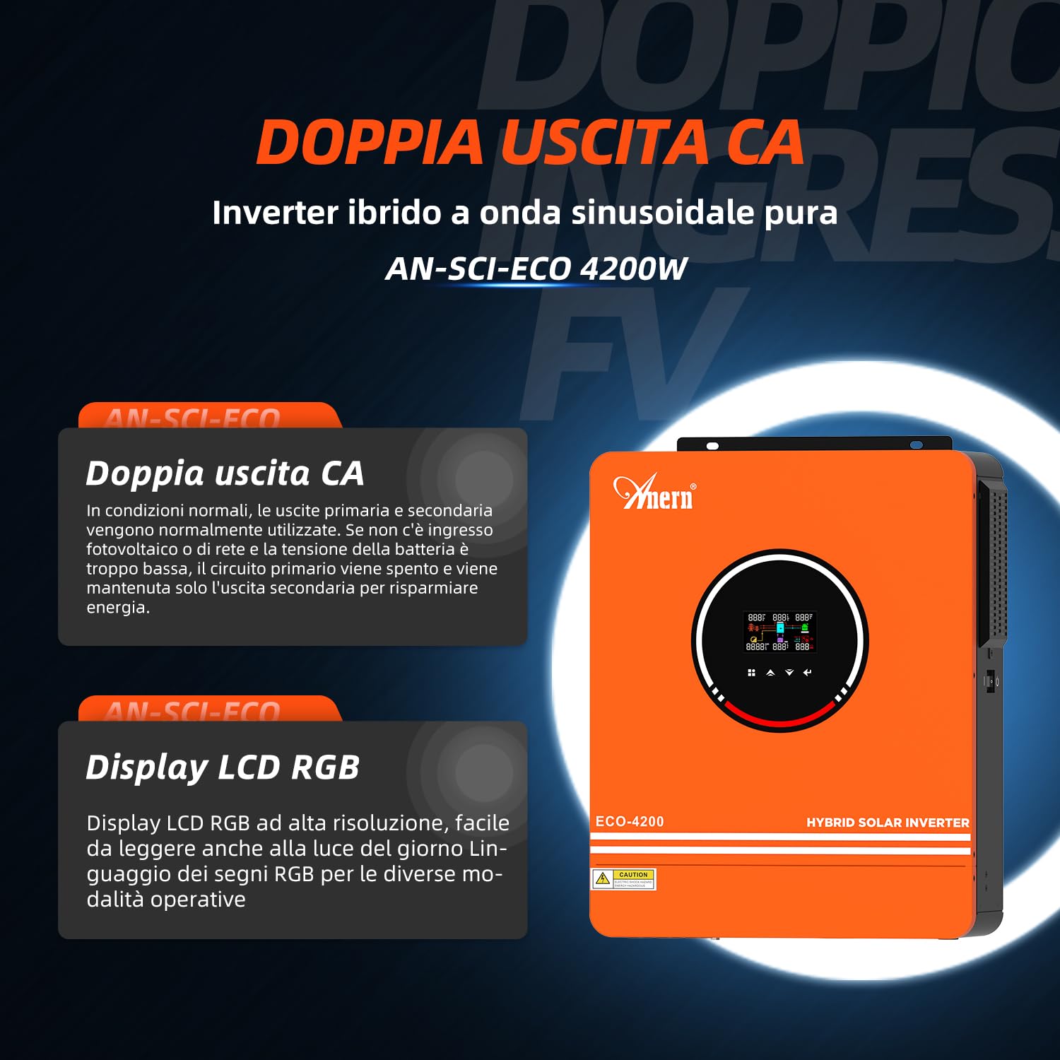 Anern 4200W Inverter ibrido 24V, uscita AC 230V con regolatore solare 120A, PV massimo 90~500VDC, inverter off-grid a onda sinusoidale pura con modulo WiFi, adatto per batteria da 24V