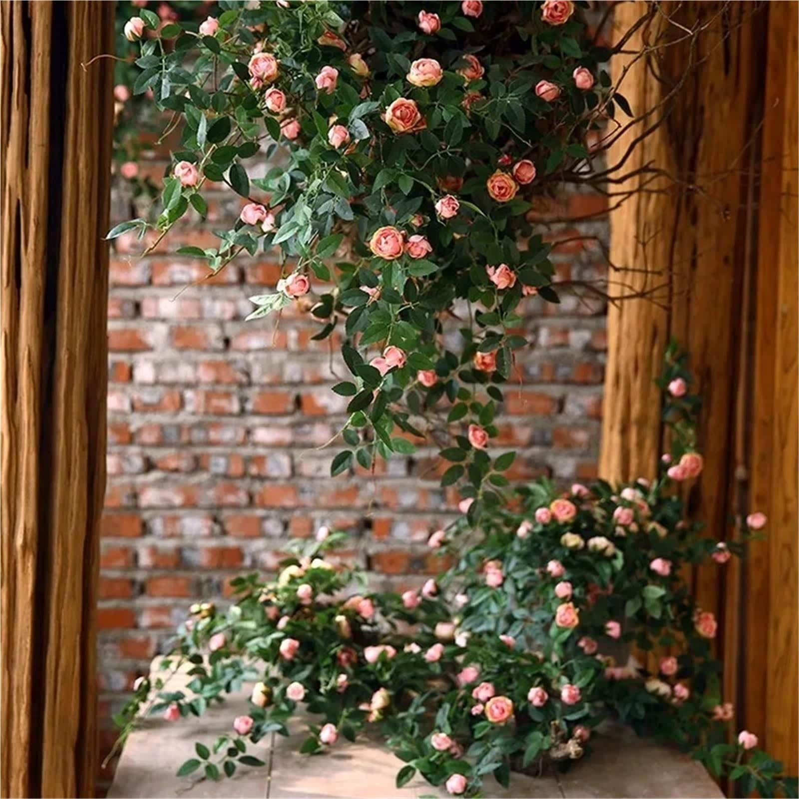 Künstliche Rosenranke Künstliche Hängepflanzen mit Rosenblüten | Blätter grüne Kette Wand Haus Zimmer Garten Hochzeit Girlande Außendekoration(Pink)