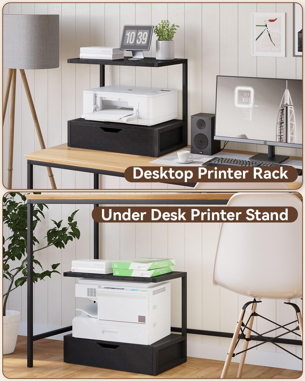 IBUYKE 2 Tier Desktop Printer Stand,Multi-Purpose Desk Organizer,Printer Table with Storage Shelf for Folders,Books,for Fax Machine, Scanner,Home Office,Black TLJ015B