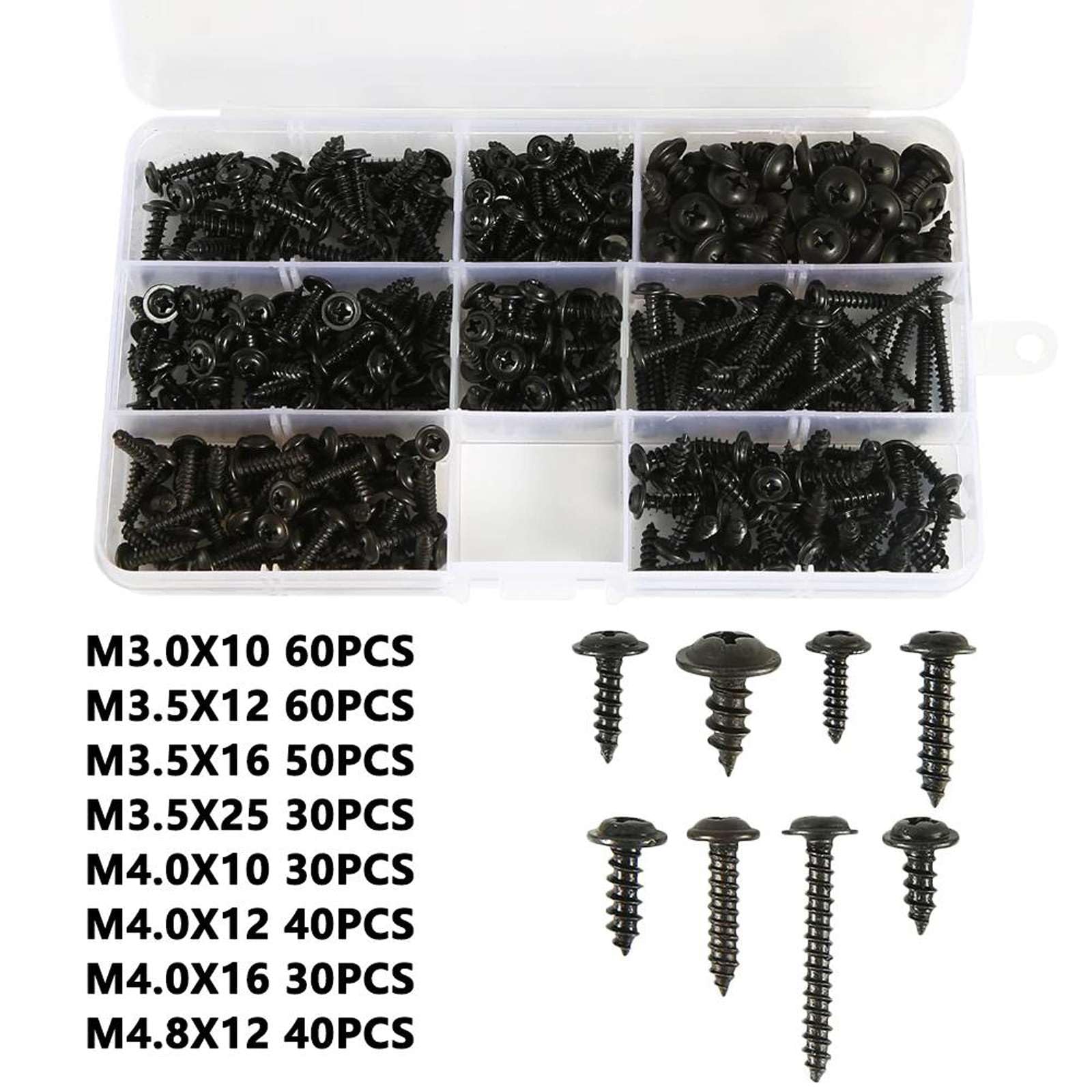340/500pcs Tornillo de roscado de Cabeza Plana de Cabeza Cruzada Kit de Surtido de Tornillos autoperforantes para Muebles Negros Acero al Carbono