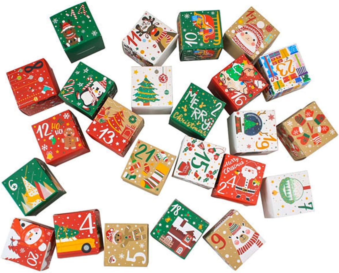 24 Pcs DIY Christmas Advent Calendar Boxes, 24 Days Advent Countdown Gift Boxes, Christmas Cardboard Number Boxes for Kids and Family, Xmas Holiday Decoration.