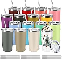 YOUKEOLA 16-Pack 20oz Stainless Steel Insulated Tumblers with Lids & Straws - Bulk Powder Coated Vacuum Mugs for Hot/Cold Drinks, Assorted Colors
