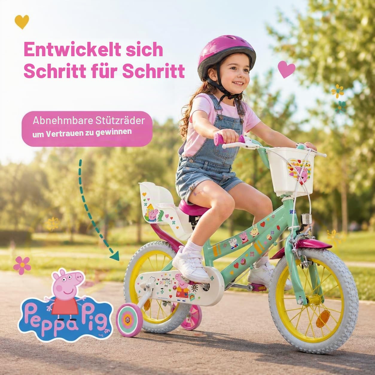 TOIMSA Kinderfahrrad Peppa Pig 14 Zoll mit Stützrädern Korb Puppensitz Alter 4-6 Jahre