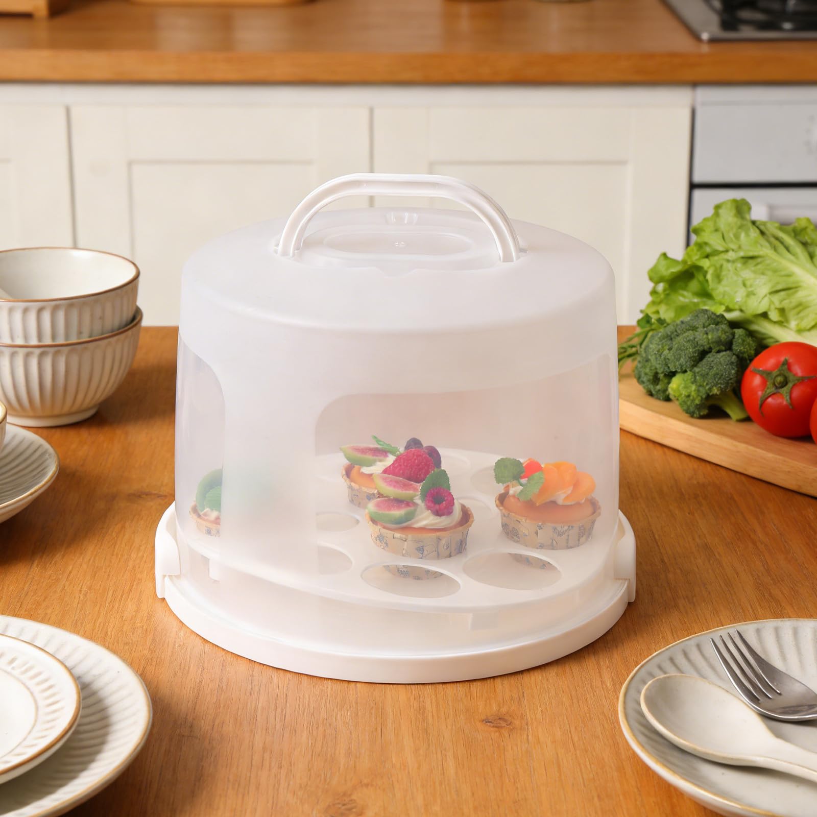 Operitacx Caja para Cupcakes Portátil de Blanco con Tapa y Asa, Recipiente Seguro y Reutilizable para Pasteles de 25 Cm Adecuado para Picnic y Reuniones