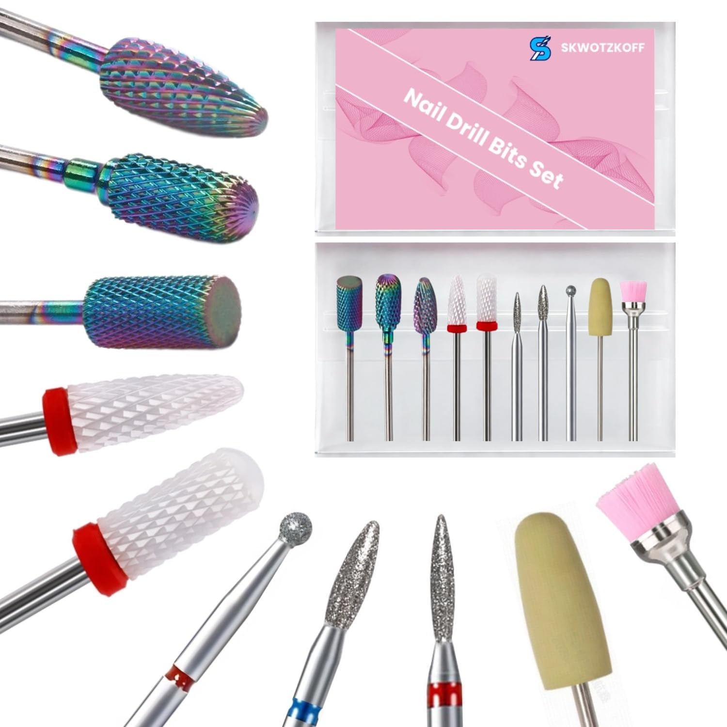 Nail Drill Bits Set 10PCS,3/32'' Shank for Electric Nail Drills Professional Carbide & Ceramic Bits for Cuticle Care & Nail Shaping