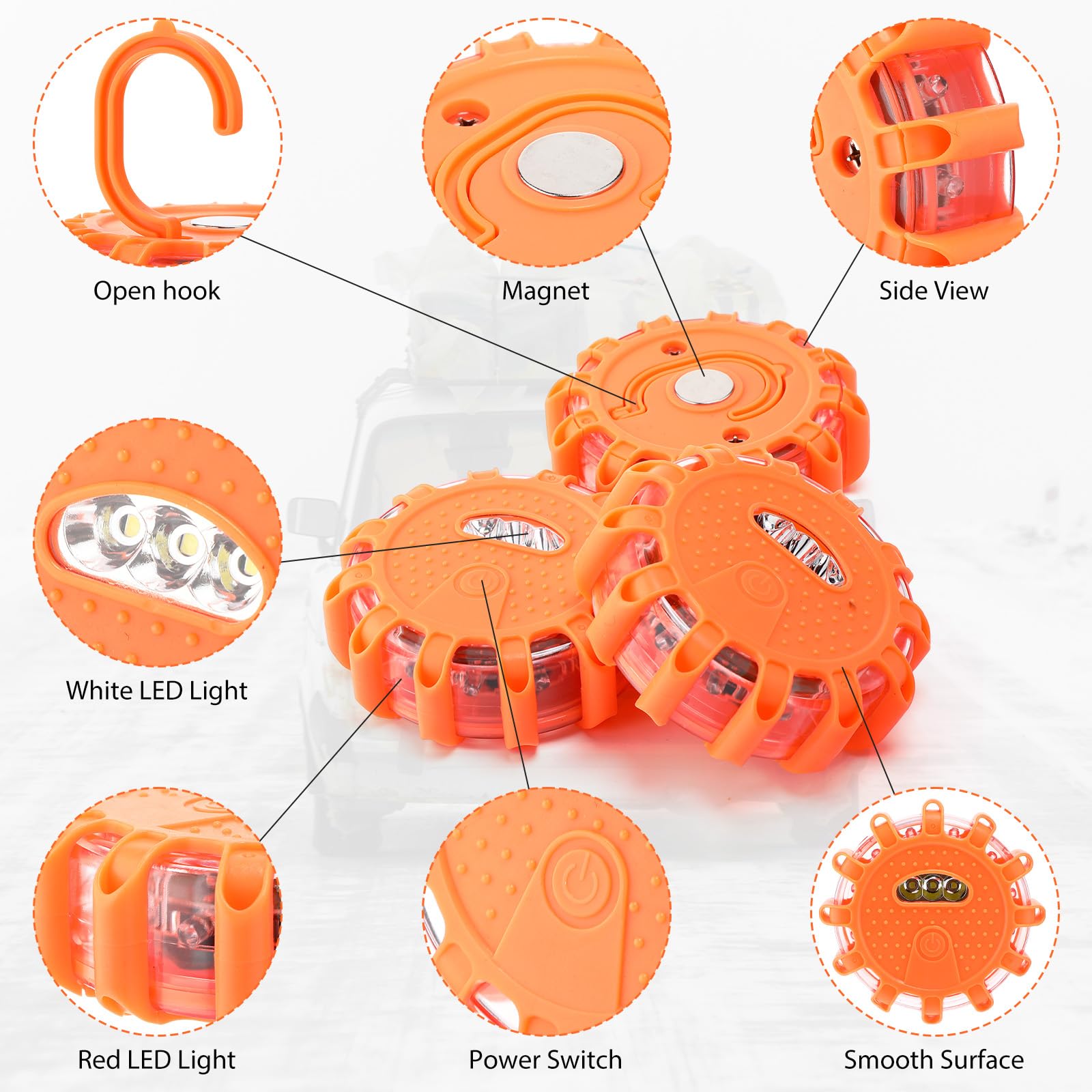 Tallew - Paquete de 8 luces LED de seguridad vial intermitente, kit de advertencia de emergencia en carretera con gancho magnético para vehículo, barco, camión, disco magnético, para coche, coche,
