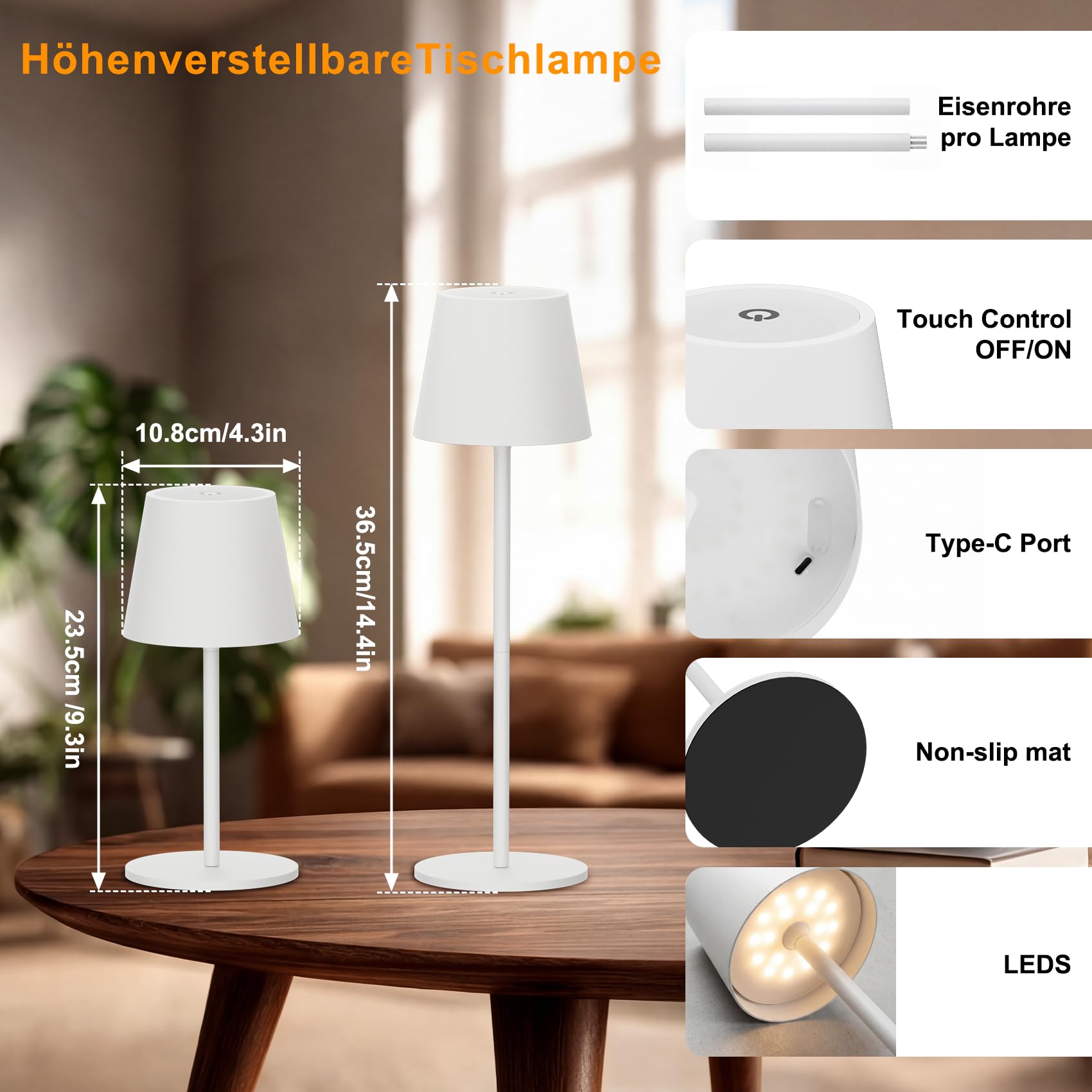 Klighten 2 Stück LED Akku Tischlampe Kabellose,höhenverstellbar,3 Lichtfarben Dimmbar,USB-C Nachttischlampe Für Innen und Aussen, Tragbare Metall tischleuchte,5000mAh+IP44,Beige[Energieklasse A]