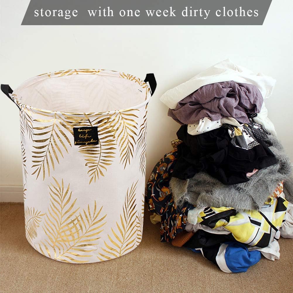 UUJOLY Collapsible Laundry Basket, Laundry Hamper with Handles Waterproof Round Cotton Linen Laundry Hamper Printing Household Organizer Basket, 19.7x15.7 inches (Gold leaf)