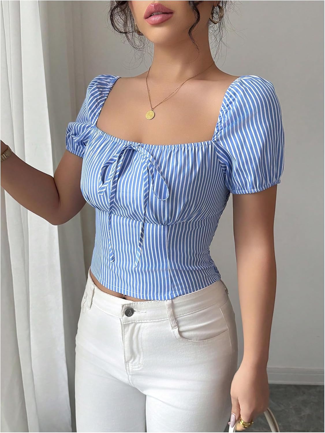Floerns Women's Striped Tie Front Blouse Square Neck Puff Sleeve Smocked Crop Tops - Image 4