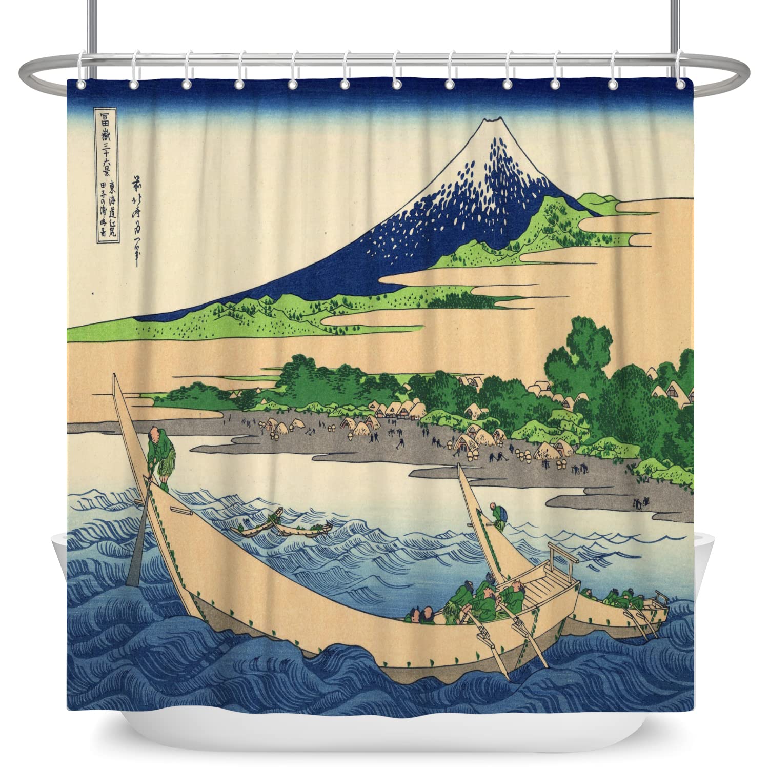 SDOTPMT 72x96inch Ukiyo-e Mount Fuji Scenery Shower Curtain Japanese Ocean Waves Wood Boat Cottage Bath Curtain Orient Traditional Ethnic Anime Shower Curtain for Bathroom Polyester with Hooks