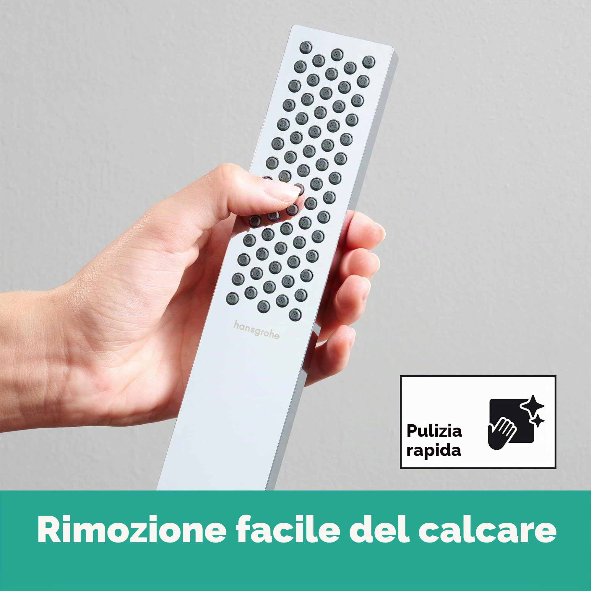 hansgrohe Pulsify E - Doccetta per doccia a risparmio idrico (EcoSmart), Doccino con 1 getto (PowderRain), Soffione doccia quadrato con funzione anticalcare, cromo, 24321000