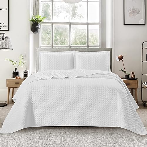 Miniatura 9 de BYSURE Juego de ropa de cama para todas las estaciones (Queen, blanco), colcha de microfibra con patrón trenzado, colcha ligera con 2 fundas de