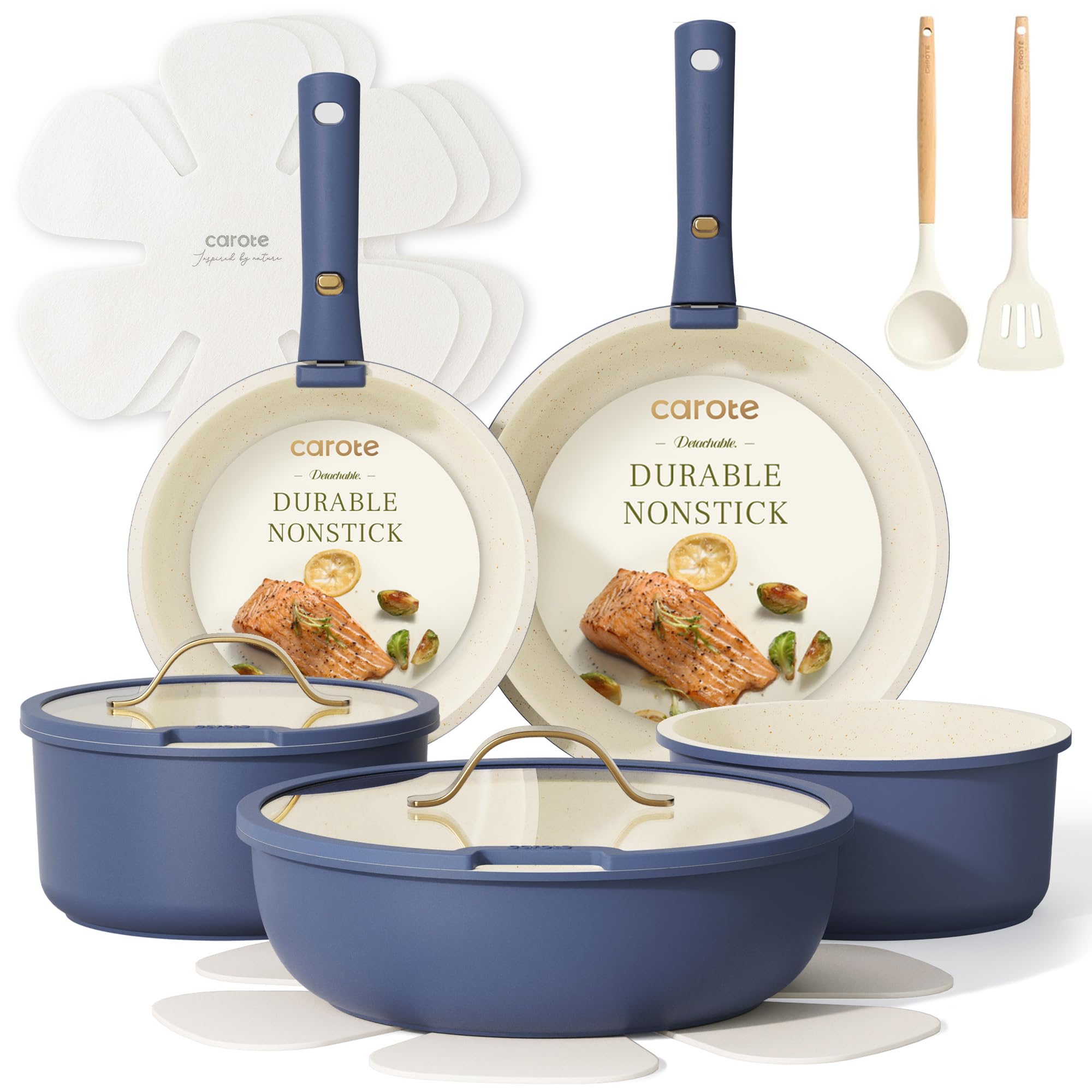 CAROTE 19pcs Pots and Pans Set, Nonstick Cookware Set Detachable Handle, Induction Kitchen Cookware Sets Non Stick with Removable Handle, RV Cookware Set, Gold and Blue