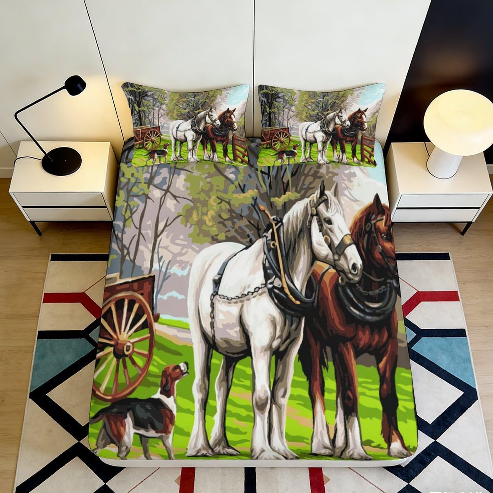 3D Printed Horse Carriage Fitted Sheet Microfiber Brown White Bed Cover for Bedroom Guest Room Mattress Decor 90x200x25cm
