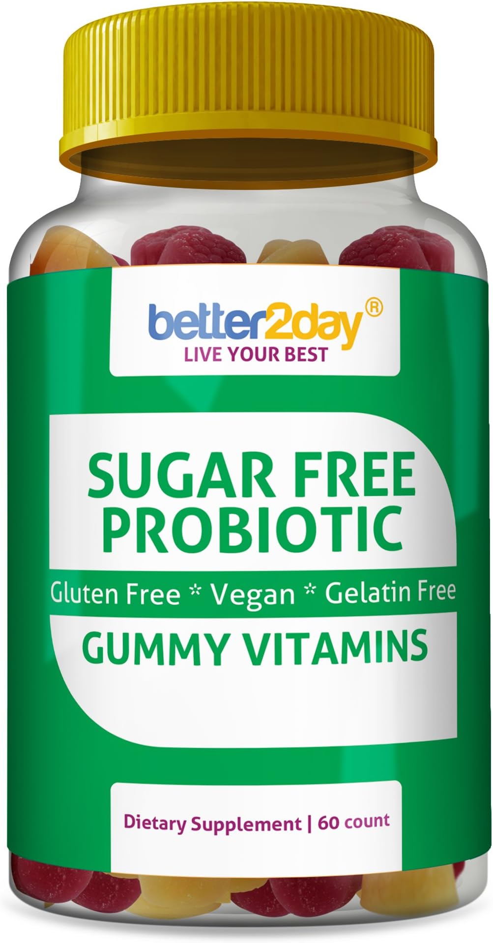 Sugar Free Probiotic Gummies by Better2Day. 5 Billion CFU. for Adults - Digestive Health, Gut Support & Immunity. Delicious, Natural Fruit-Flavored, Vegan and GMO-Free Gummy Vitamin. (60 Count)