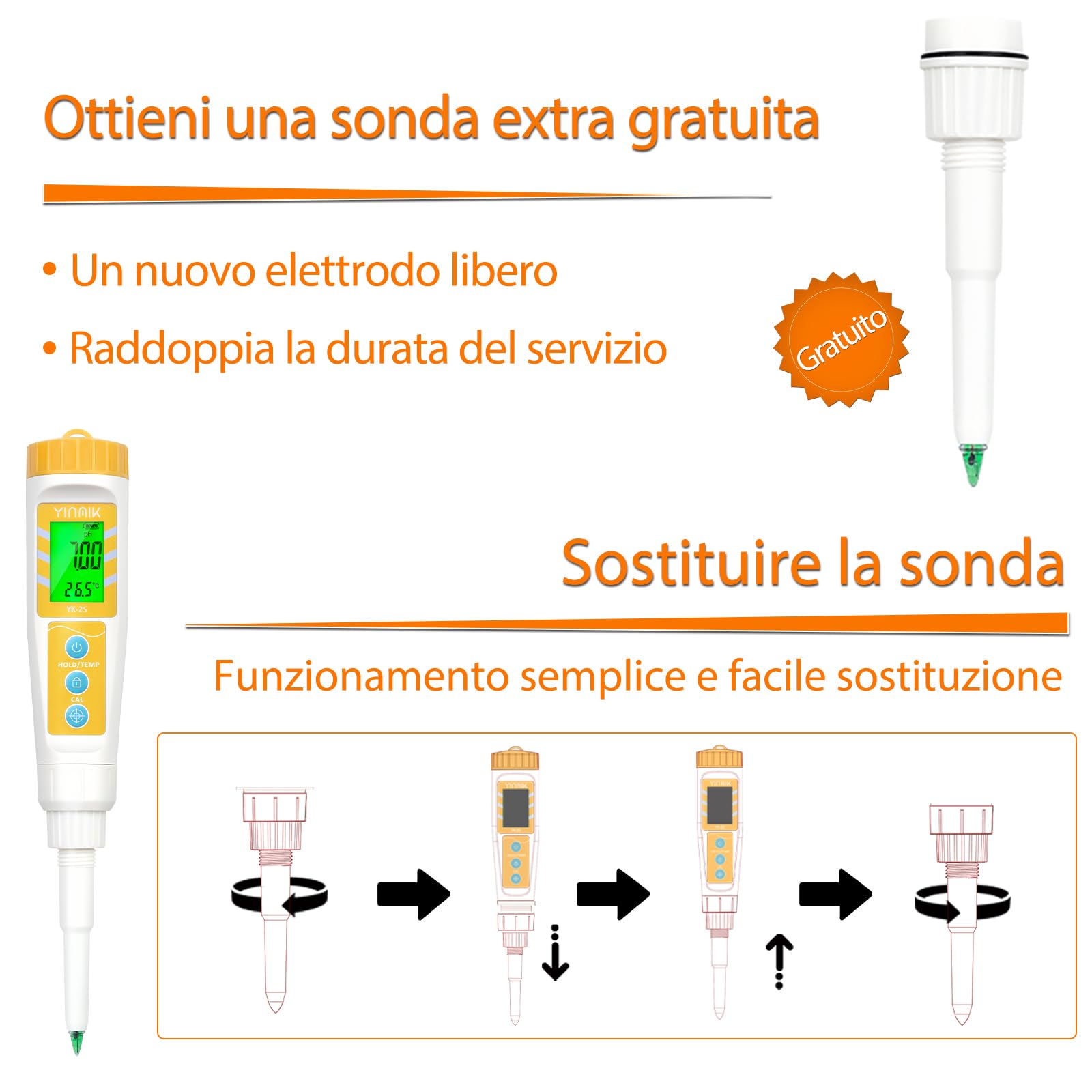 Misuratore pH per Alimenti con Sonda Sostituibile - Phmetro Lievito Madre Digitale per Carne, Impasti, Inscatolamento, Formaggio + Piaccametro per Alimenti - Yinmik Misuratore pH per Acqua e Terreni