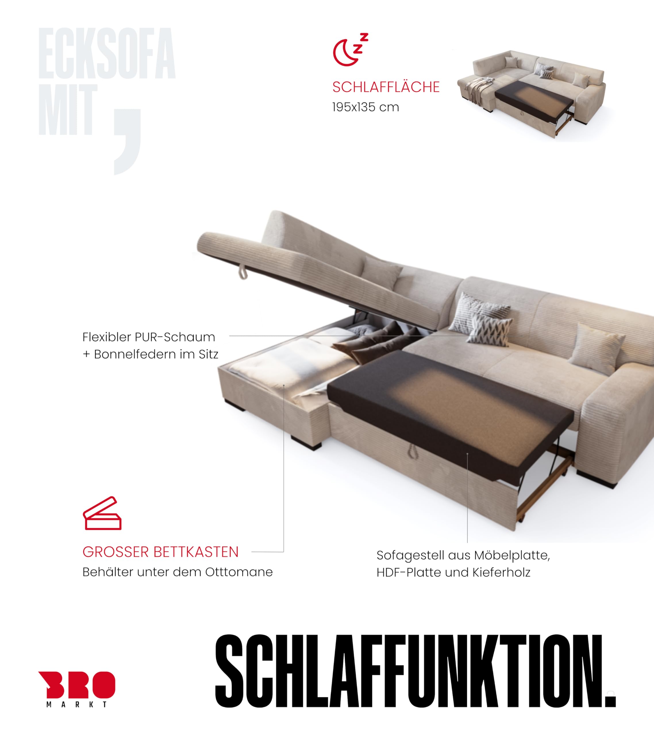 BROMARKT Ecksofa mit Schlaffunktion 260 cm L Form Vanille Rechts Seite Couch Sofa mit Bettkasten Schlafcouch Schalsofa 3 sitzer Eckcouch Sofabett Wohnlandschaft Cordstoff