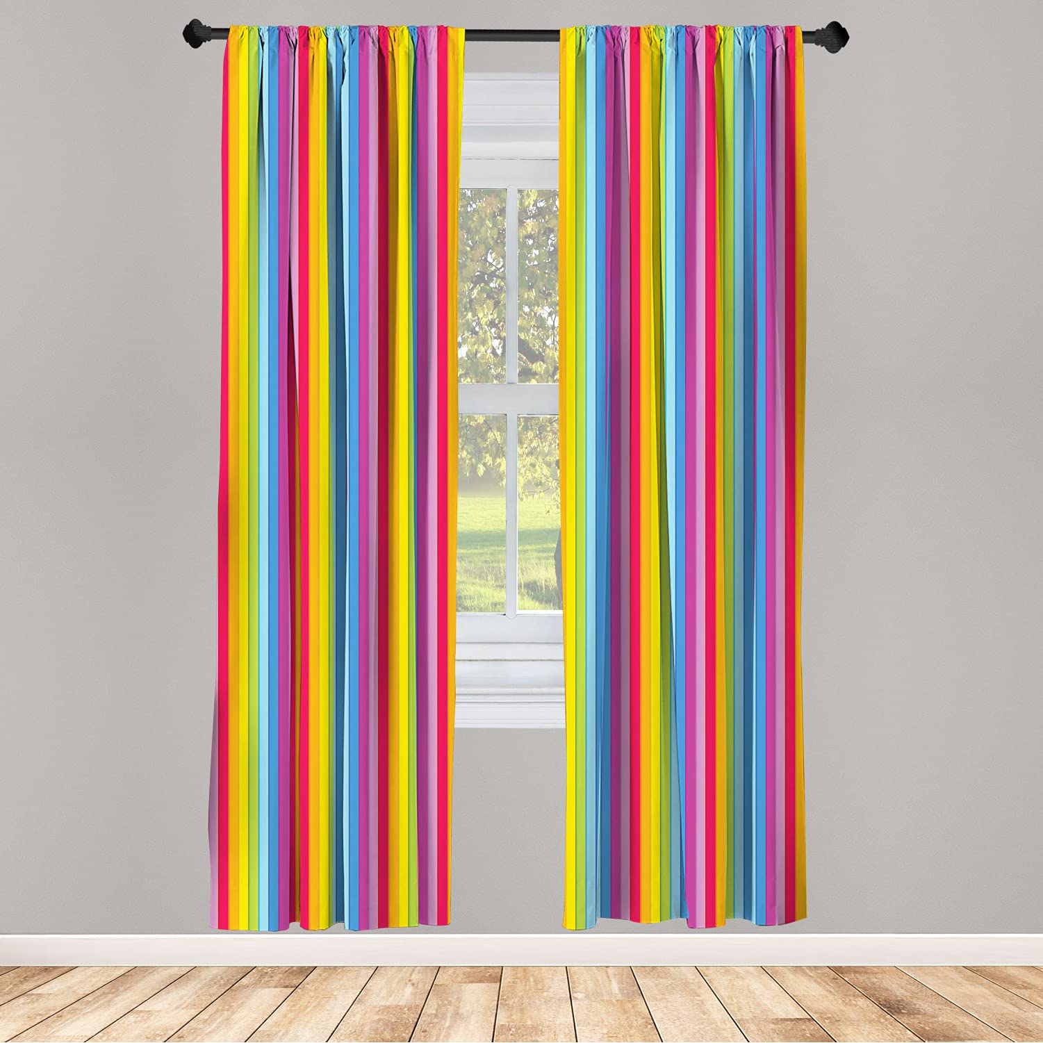 LunarableColorful Window Curtains, Modern Vertical Rainbow Colored Stripes Vibrant Shades of Colors Funky Cheerful, Lightweight Decor 2-Panel Set with Rod Pocket, Pair of - 28" x 63", Yellow Pink