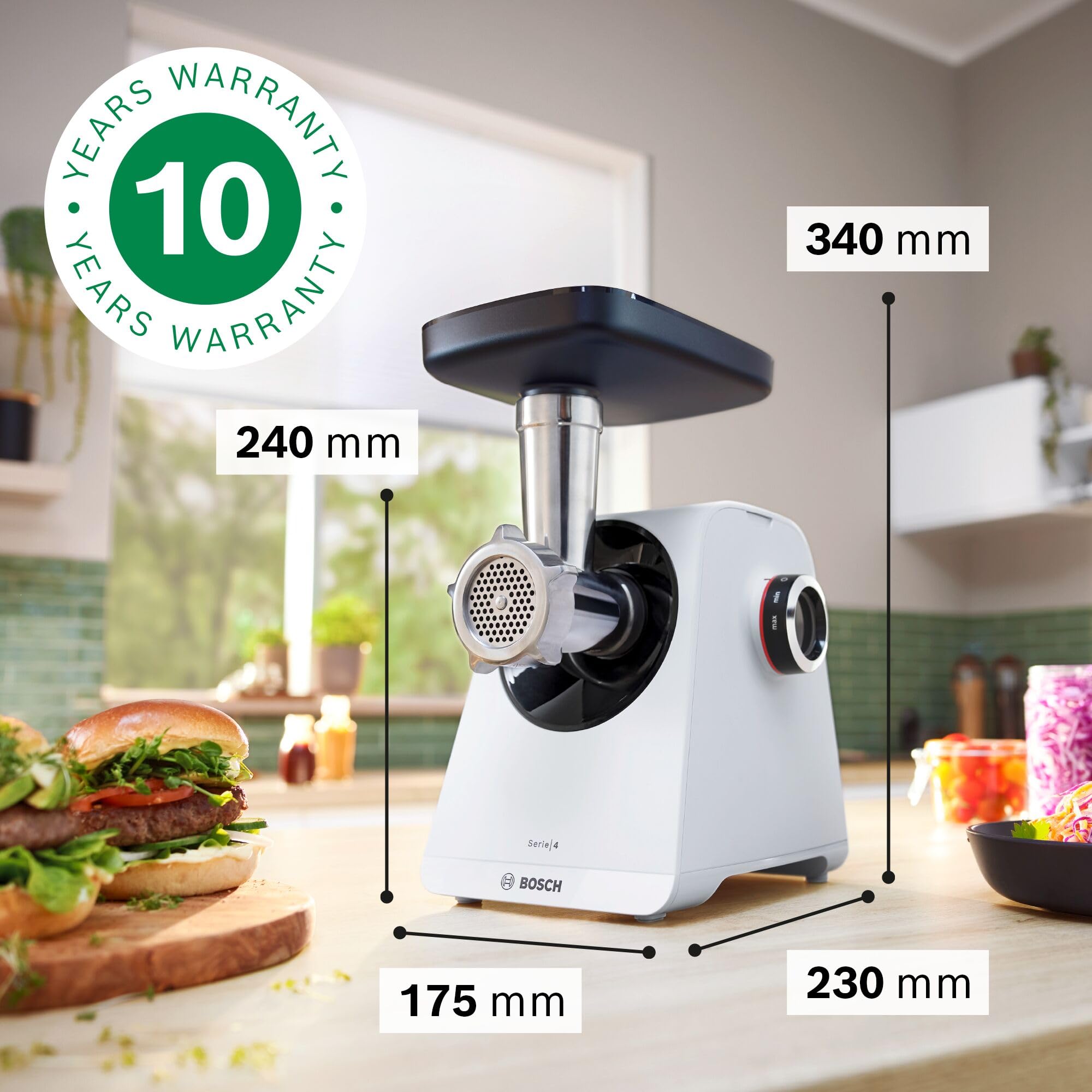 Bosch Maszynka do mielenia MultiPower Serie 4 MFWS420W, 1900 W, funkcja Revers, metalowa komora, Biały/Czarny