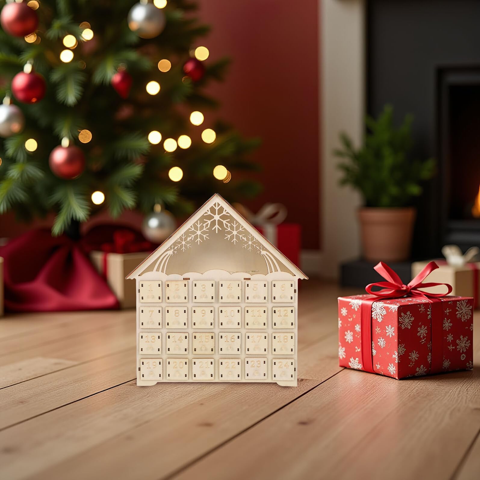 TOYANDONA Calendario de Adviento Navideño de Madera con 24 Cajones Casa Iluminada LED para Decoración Rústica de Mesa Cuenta Regresiva para Navidad 2026 Adecuado para Salón y Oficina