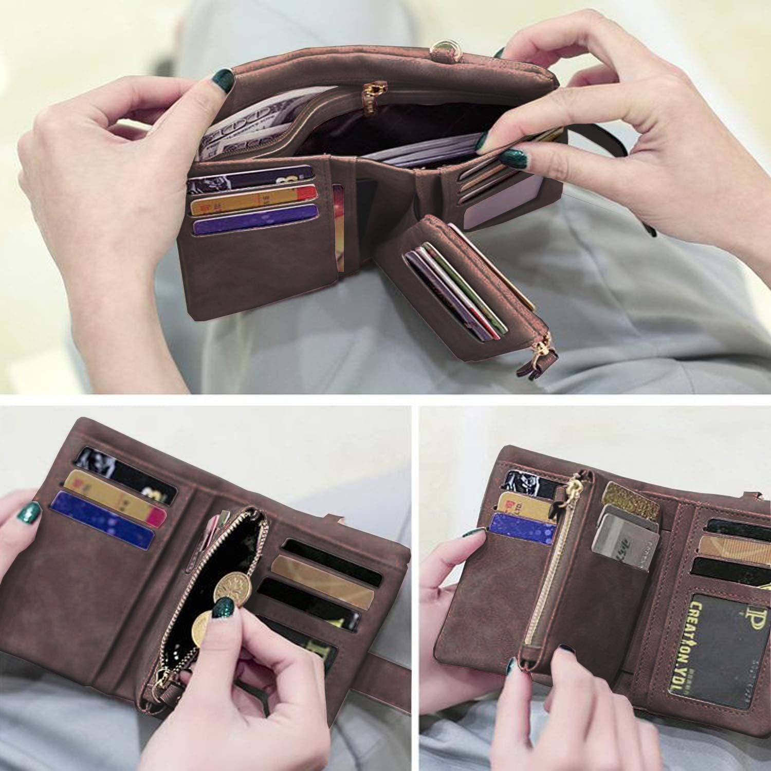 PofeeXIO Womens Small Bifold Leather Wallets RFID Ladies Wristlet with Card Slots id Window Zipper Coin Purse | Small, Bifold, RFID, Wristlet, with Card Slots, id Window - Image 3