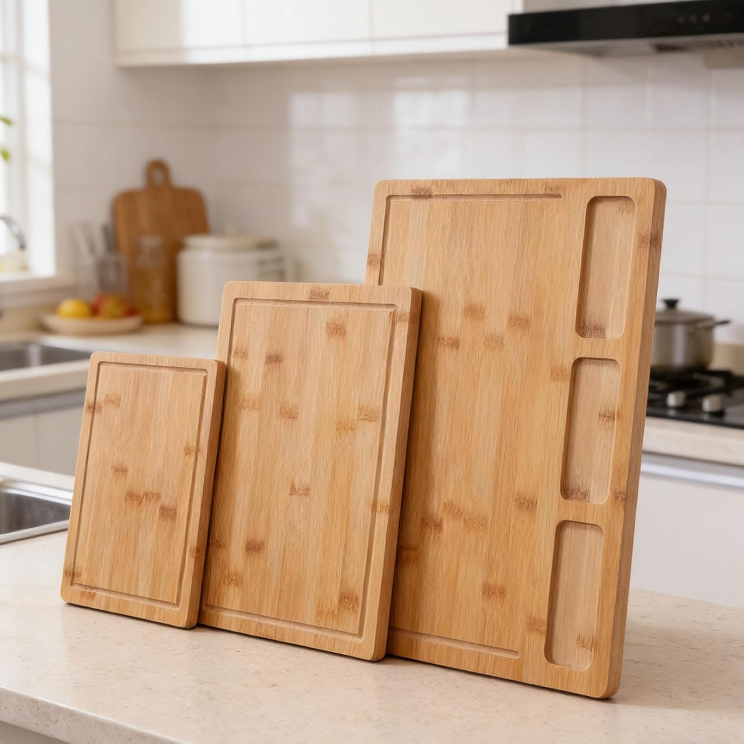 Fdit 3pcs Cutting Board Set, Large Chopping Board Set with Juice Grooves for Slicing Bread Fruits Steaks Cheese Meat Vegetables