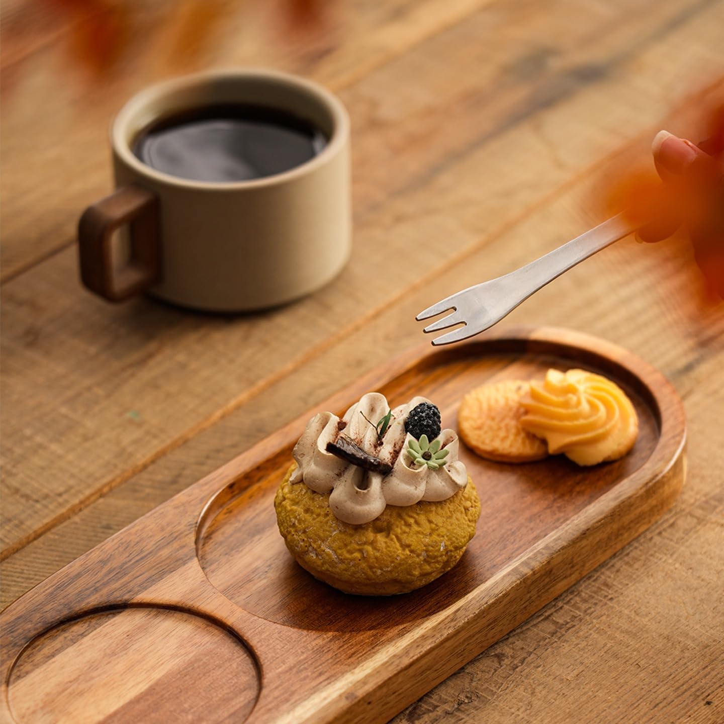 Wooden Serving Tray with Ceramic Coffee Mug Set, Rustic Latte Cup with Handle, Breakfast Cup and Saucer Alternative, Coffee Mug Set for Tea, Espresso, Dessert Serving